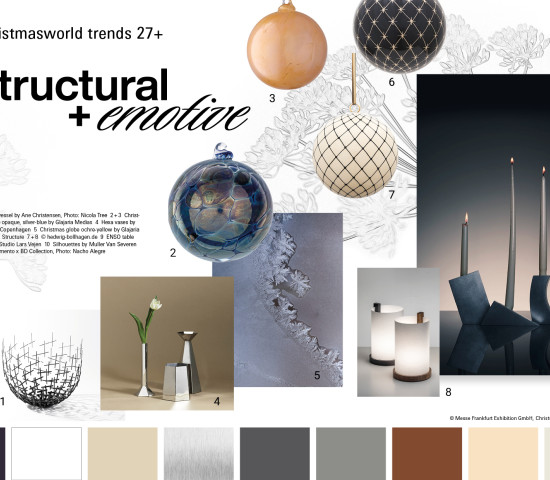 Delicate mesh patterns and textured surfaces on Christmas tree baubles, unusually shaped candlesticks and candles that become works of art in their own right – the Christmasworld trends also play on emotion.