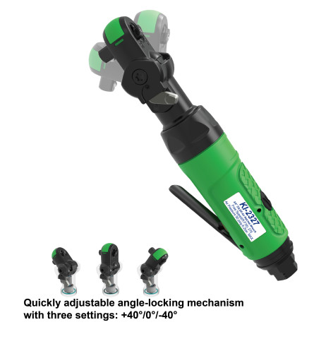 The KI-2327 pneumatic ratchet wrench offers three head positions to help reach fasteners in confined spaces. The KI-2327 pneumatic ratchet wrench offers three head positions to help reach fasteners in confined spaces.