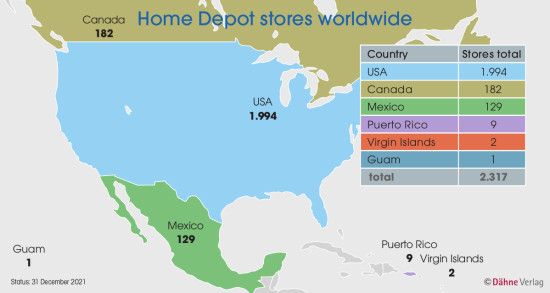 Home Depot stores worldwide at the end of 2021. Home Depot stores worldwide at the end of 2021.