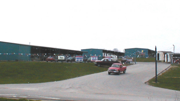 Exterior view of a typical sprawling 84 Lumber complex - storage and retail sheds.
