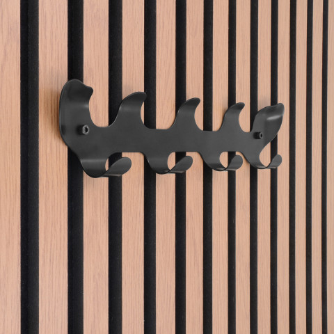 Siro The hooks are simply pushed between the slats of the acoustic panels.