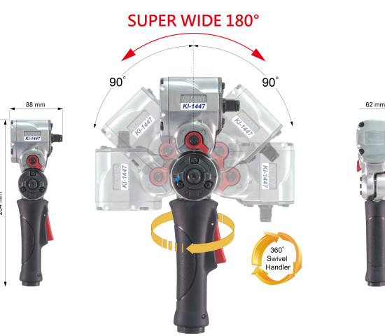 The KI-1447 impact wrench has an adjustable head with a 180-degree range and a swivelling handle. The KI-1447 impact wrench has an adjustable head with a 180-degree range and a swivelling handle.