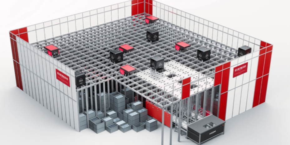 That's how Auto-Store works: Bins with inventory items are stacked 16-high next to and on top of each other within the grid. 20 autonomous robots travel on top of the grid.