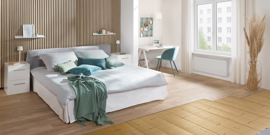 Underlay provides a stable base for the floor structure, whilst acoustic panels on the wall improve room acoustics and add design accents. Underlay provides a stable base for the floor structure, whilst acoustic panels on the wall improve room acoustics and add design accents.